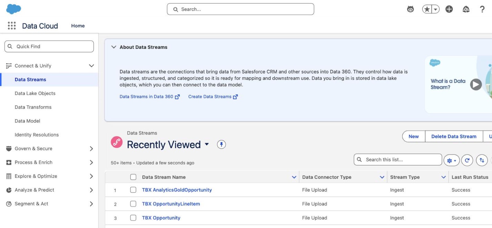 The Data Streams list showing five freshly loaded streams, each with a Success status